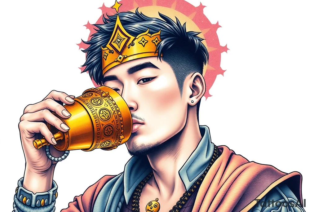 Handsome Asian young guy is drinking from medieval golden cup tattoo idea