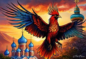 russian firebird in-flight with long fancy tail and 3 small onion cap monastery towers in background, with "Isaiah 43: 18-19" tattoo idea