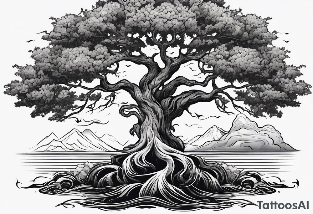 tall oak tree with roots growing around calming waves and a phoenix for forearm tattoo idea