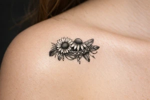 Coneflower and sunflower with feathers and female Indian headband ribboned through tattoo idea
