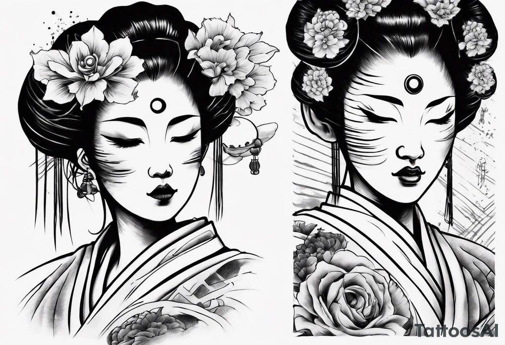 geisha face with two eyes closed and third eye open tattoo idea