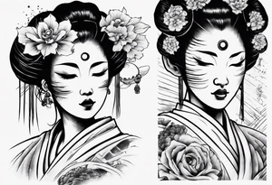 geisha face with two eyes closed and third eye open tattoo idea