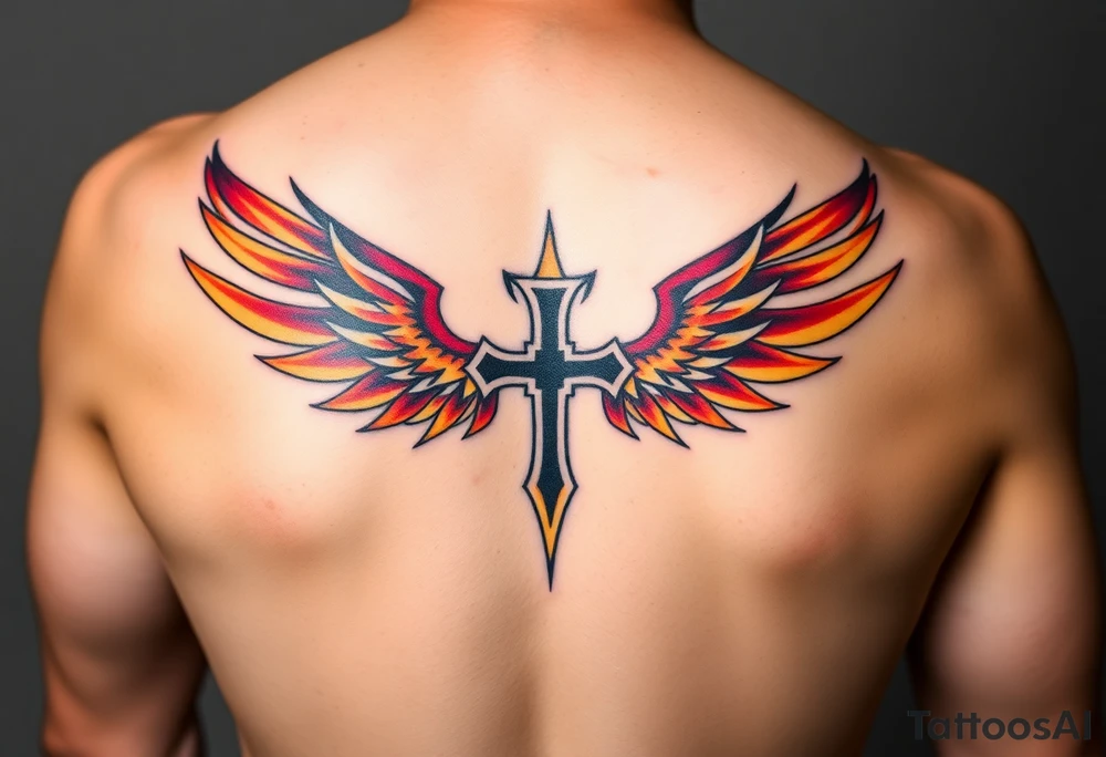 A flaming cross with phoenix wings, colored in shades of red, orange, and yellow, symbolizing rebirth tattoo idea
