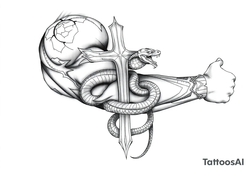 A cross slaying the snake tattoo idea