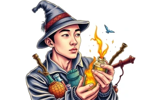 Handsome Asian young adult guy is  accidentally stumbled upon witch tools, supplies, artifacts, potions and exploring it curiously tattoo idea