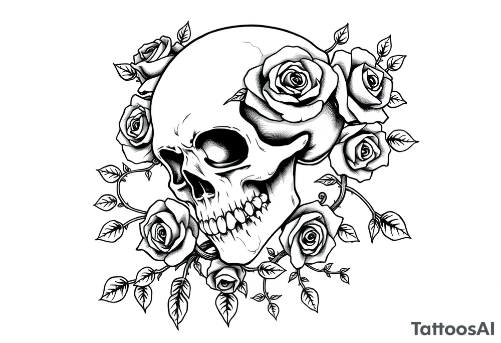 gothic skull intertwined with climbing roses and thorny vines tattoo idea