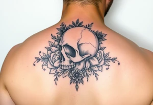 skull slightlyfacing left, surrounded by floral ornaments tattoo idea