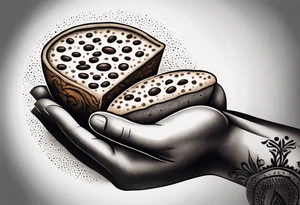 A mexican bread being dipped in coffee by muscular hand tattoo idea
