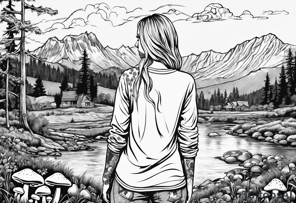 Whole picture encircled fully

Straight long blonde hair hippie girl in distance holding mushrooms in hand facing away toward mountains and creek surrounded by mushrooms long sleeve shirt and hiking pants; whole rendering within a full circle, no cut off circle tattoo idea