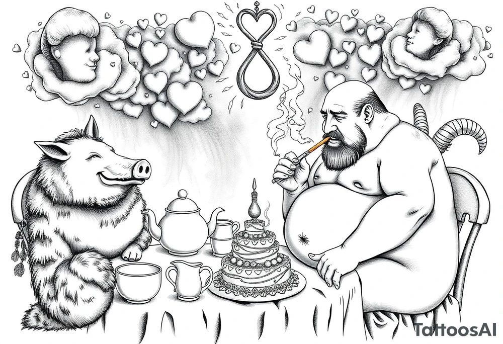 naked fat lady having a tea party with tea pots and 
with a pig, peacock, noose, lion, goat, smoking cigerettes looking in the mirror having sex with a man eating a cake thru storm clouds with knife and broken hearts and darkness and wrath, envy , gluttony, greed, sloth, pride tattoo idea