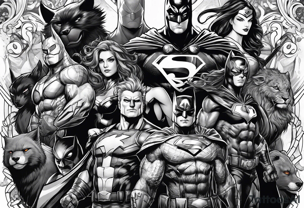 a super hero team which is combination of animals tattoo idea