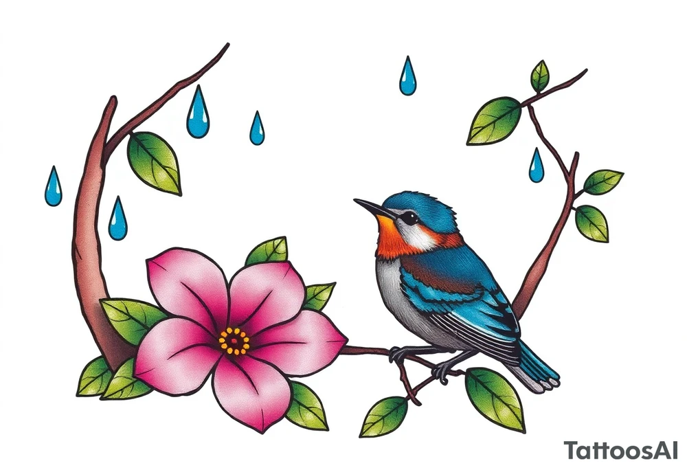 forest with blue rain drops, pink camelia flower and blue and brown wren bird tattoo idea