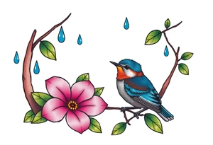 forest with blue rain drops, pink camelia flower and blue and brown wren bird tattoo idea