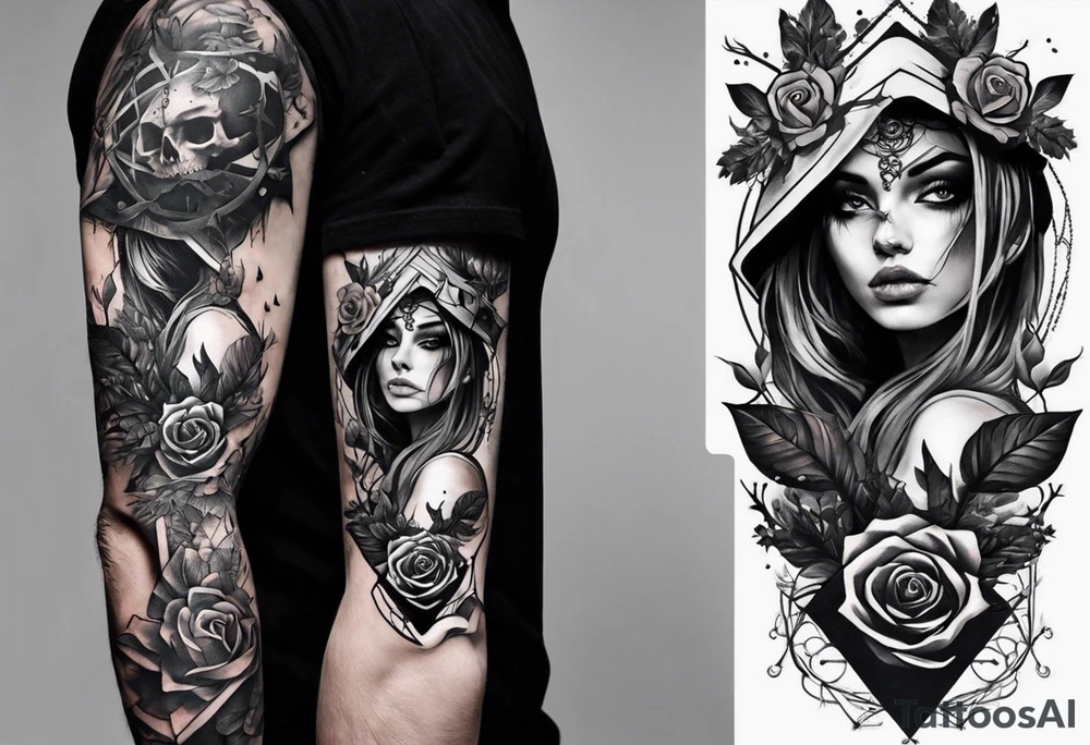 A sleeve tattoo whose elements seem to be connected into one story. Elements on the tattoo: a skull with a rose sticking out of the eye, plants, a girl’s face turning into roots, a destroyed old chain, a broken sword, a butterfly and you can add some connecting elements tattoo idea