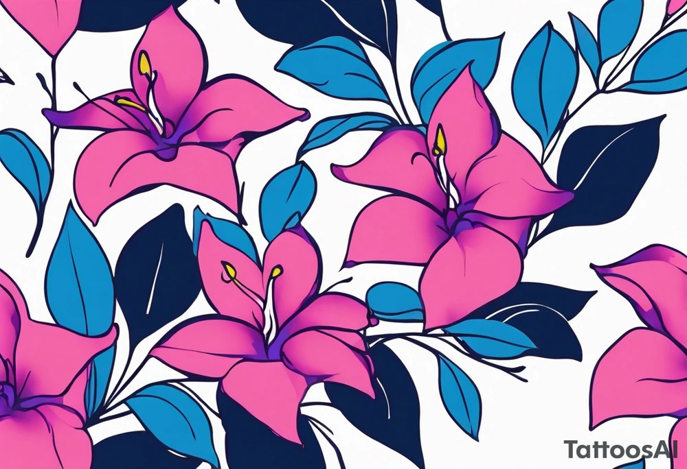 brushstroke abstract pink, purple, and blue mandevilla flowers on a vine, with color leaking out into the background. SOme of the flowers should be full color, and some just linework. It should have a handdrawn, sketch feel. tattoo idea