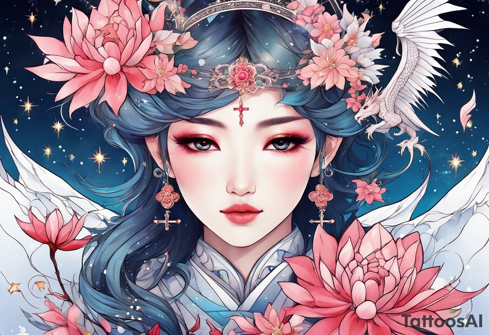 Constellation, wing , snow , cross , dragon female japan kawaii , flower tattoo idea