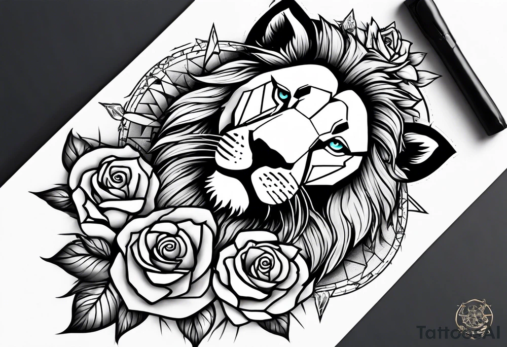 Full arm sleeve, lion at the top of the arm with scar on eye, roses around te entire arm with compass at the end tattoo idea