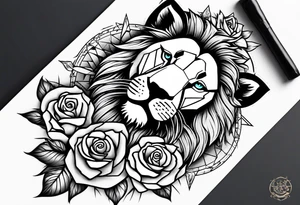 Full arm sleeve, lion at the top of the arm with scar on eye, roses around te entire arm with compass at the end tattoo idea