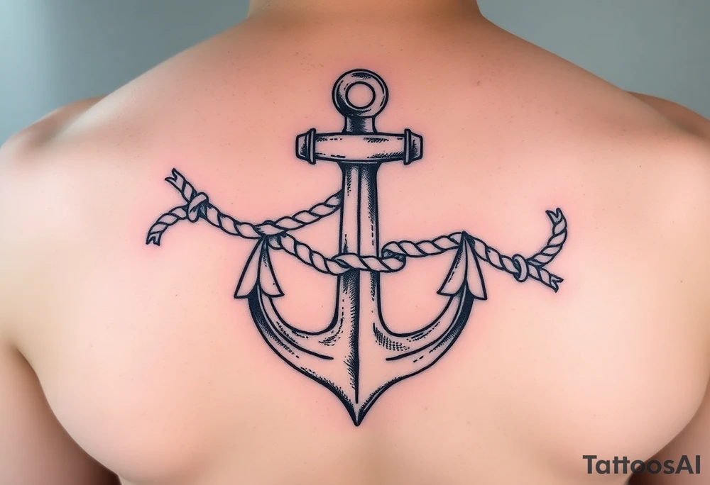 weathered anchor wrapped in nautical rope with sea waves tattoo idea