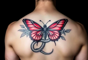 Red Butterfly with leafs and a beautiful snake tattoo idea