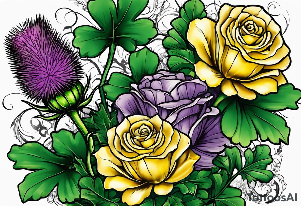 3 flowers, A purple thistle and a yellow rose and a green shamrock, whose stems spell K N D. tattoo idea