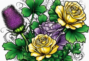 3 flowers, A purple thistle and a yellow rose and a green shamrock, whose stems spell K N D. tattoo idea