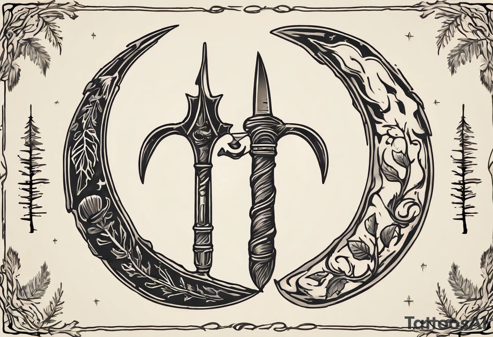 A druid sickle in the shape of a 1/4 moon, the handle has a acorn on the hilt, on the opposite side of the sickle there are four leafs,  an oak leaf in the spring, a birch leaf in the summer, a maple leaf with fall colors, and a pine leaf in the winter tattoo idea
