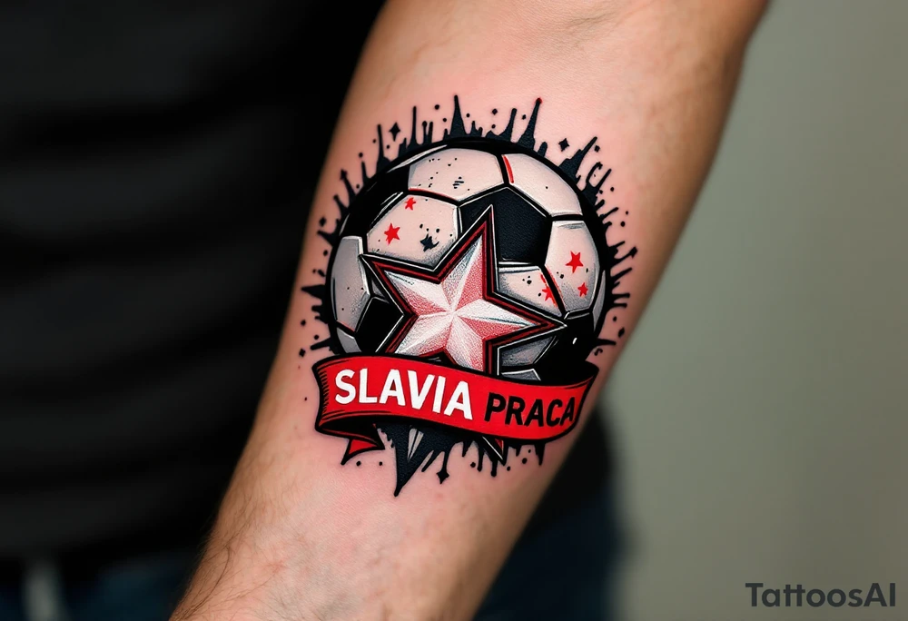 A bold black and red soccer ball wrapped in the iconic Slavia PRAHA star and banner. tattoo idea