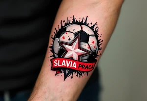 A bold black and red soccer ball wrapped in the iconic Slavia PRAHA star and banner. tattoo idea