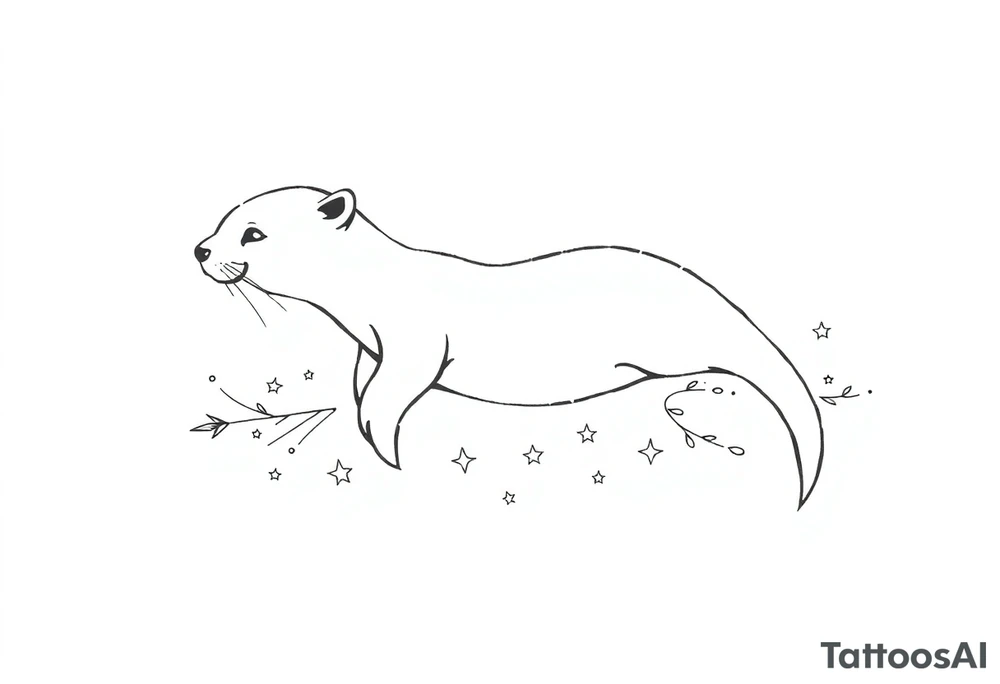 outline of a gracefully swimming otter over flourish lines and stars tattoo idea