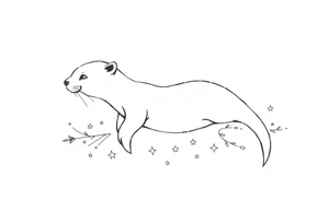 outline of a gracefully swimming otter over flourish lines and stars tattoo idea