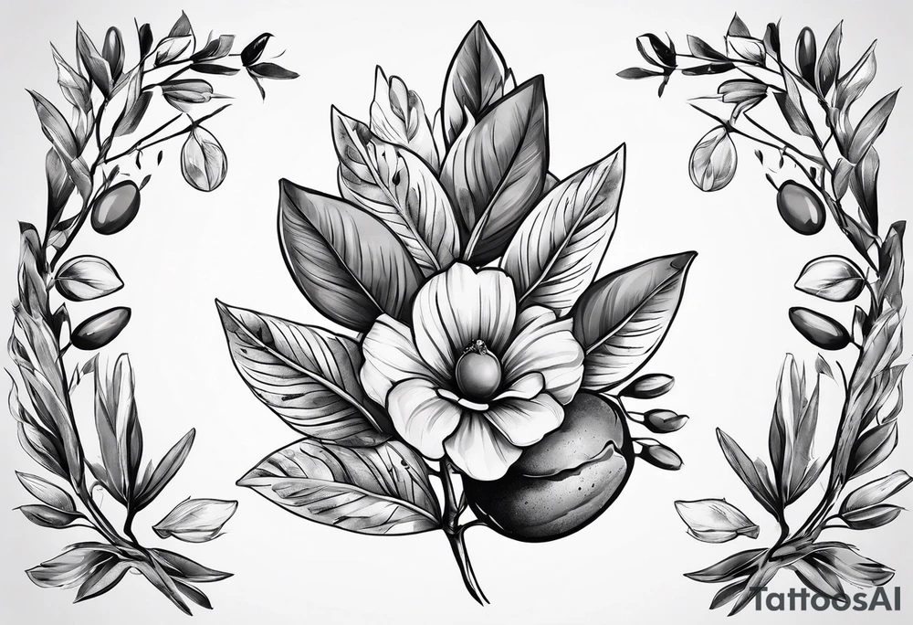 rock tattoo with olive leaves around it tattoo idea