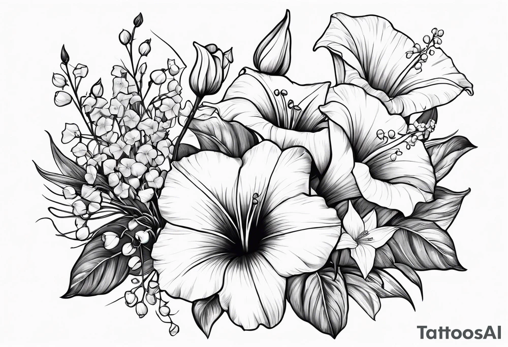 bouquet of morning glory and lily of the valley with psalm 23 written underneath tattoo idea
