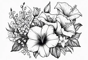 bouquet of morning glory and lily of the valley with psalm 23 written underneath tattoo idea