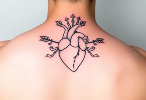 anatomical heart pierced by ornate arrow with flowing ribbons tattoo idea