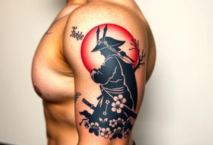 noble samurai warrior silhouette at sunset with cherry blossoms tattoo idea