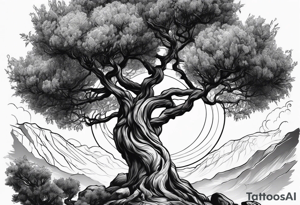 an olive tree and Saturn raising behind it tattoo idea