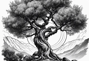 an olive tree and Saturn raising behind it tattoo idea