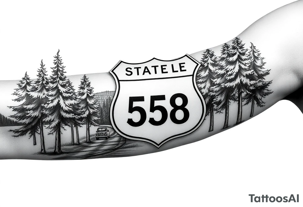 small State Route sign 558, with trees all around and a farm in background, road with a car scenic tattoo idea