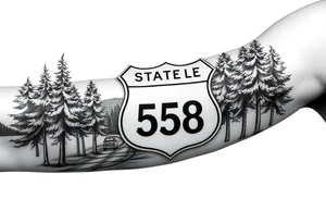 small State Route sign 558, with trees all around and a farm in background, road with a car scenic tattoo idea