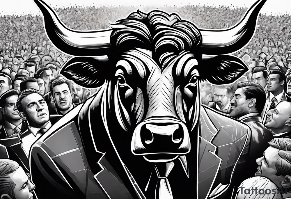 raging bull head busting through crowd of businessmen tattoo idea