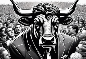 raging bull head busting through crowd of businessmen tattoo idea