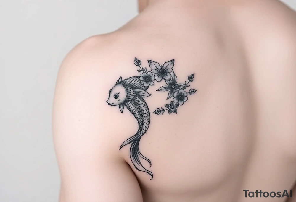 Two small koi fish wrap around wrist tattoo with flowers and butterfly on the wrist fine line tattoo idea