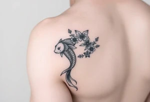 Two small koi fish wrap around wrist tattoo with flowers and butterfly on the wrist fine line tattoo idea