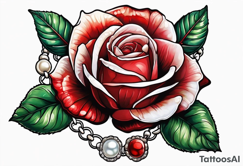 Red rose with a pearl necklace and a seashell tattoo idea