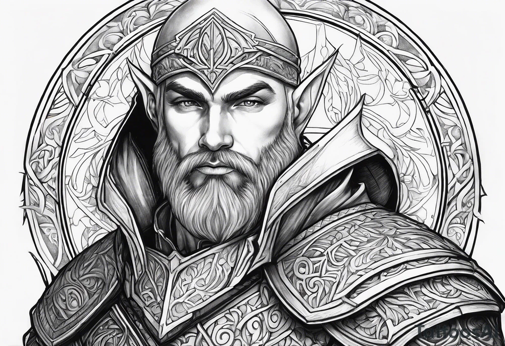 a full body picture of a human-elf, bearded bald male, paladin, from a distance tattoo idea