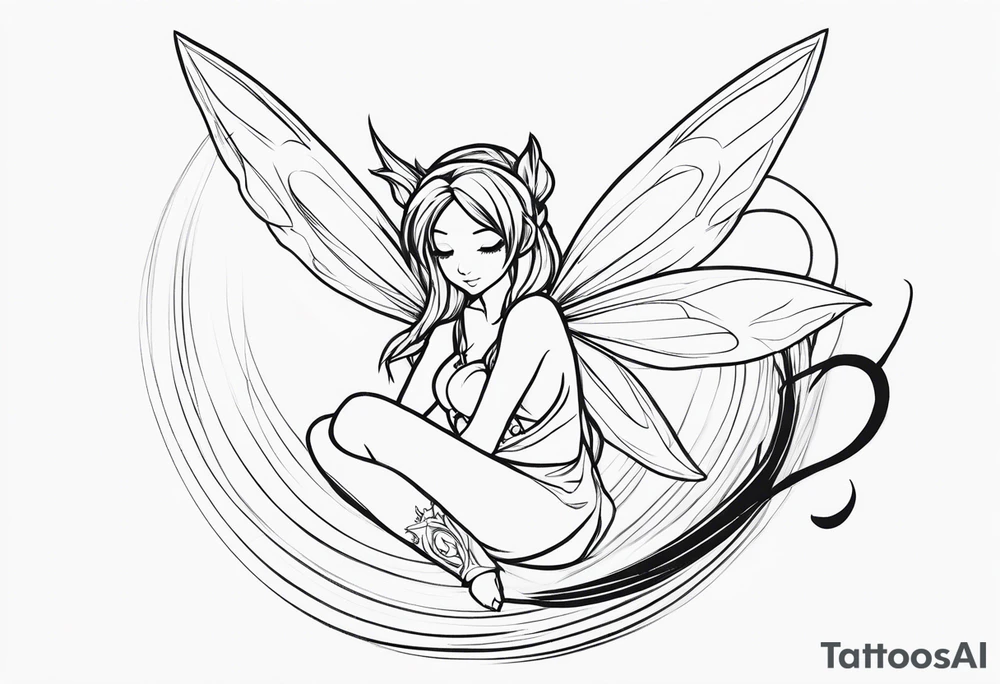 No color sketch of a fairy with a tail inspired by the guild symbol in the anime show called Fairy Tail in a fetal position leaning in and forward while crawled in hugging herself with hands a bit forward and her body is an angle while floating in the air tattoo idea