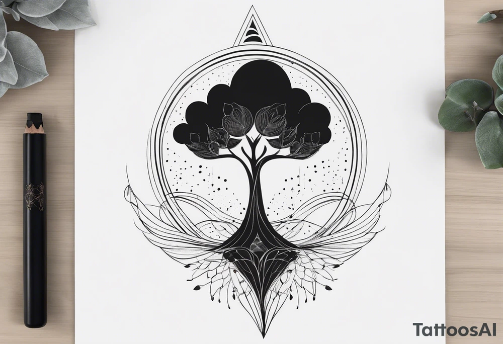 A minimalist tattoo design featuring a vertical composition. At the center is a large, abstract flower with intricate dotted shading and clean lines. A delicate tree with bare branches grows from the top of the flower, while flowing leaves emerge from the bottom. Surrounding the flower are abstract elements like small geometric shapes, mountains in the background, a few birds, and a crescent moon, all positioned in a visually balanced way. There’s a circular solar element near the flower, with rays extending outward. The entire design is made up of fine lines, dot work, and subtle shading, creating a harmonious mix of nature and geometric abstraction. It’s a detailed sketch with organic flow, precision, and a blend of cosmic and natural motifs. Make the tattoo vertically aligned, skinnier width and longer width tattoo idea