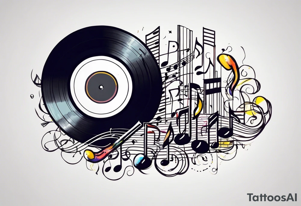 music notes surrounded by a record, a cassette tape, and saxophone parts tattoo idea