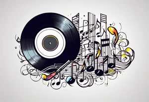 music notes surrounded by a record, a cassette tape, and saxophone parts tattoo idea